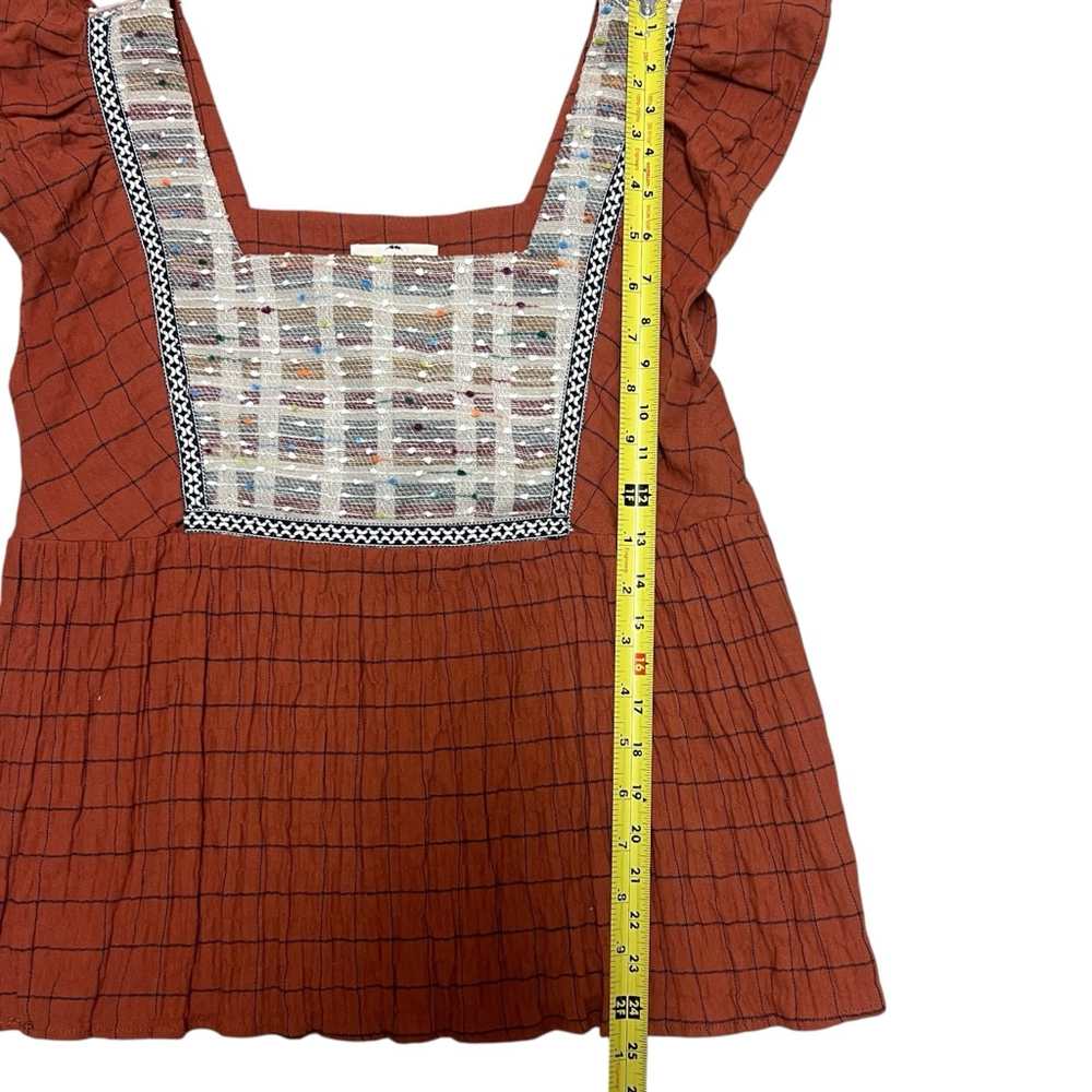 Rust Orange Entro Boho Embroidered Square Neck Ruffle Sleeve Top Size Small - Picture 5 of 10